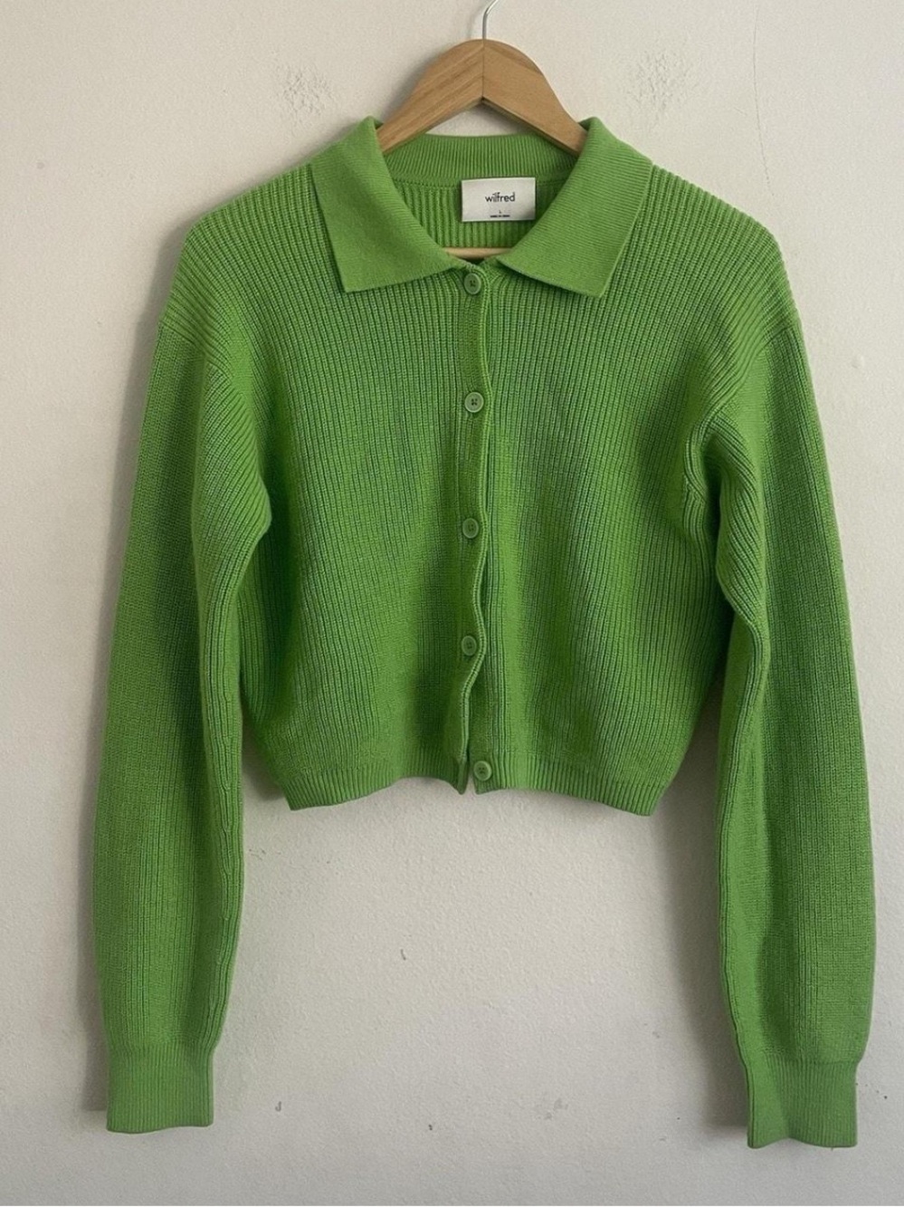 Wilfred Lime Green Cropped Button-Down Cardigan Merino Wool Cotton Size L